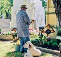 Ein alter Mann auf einem Friedhof